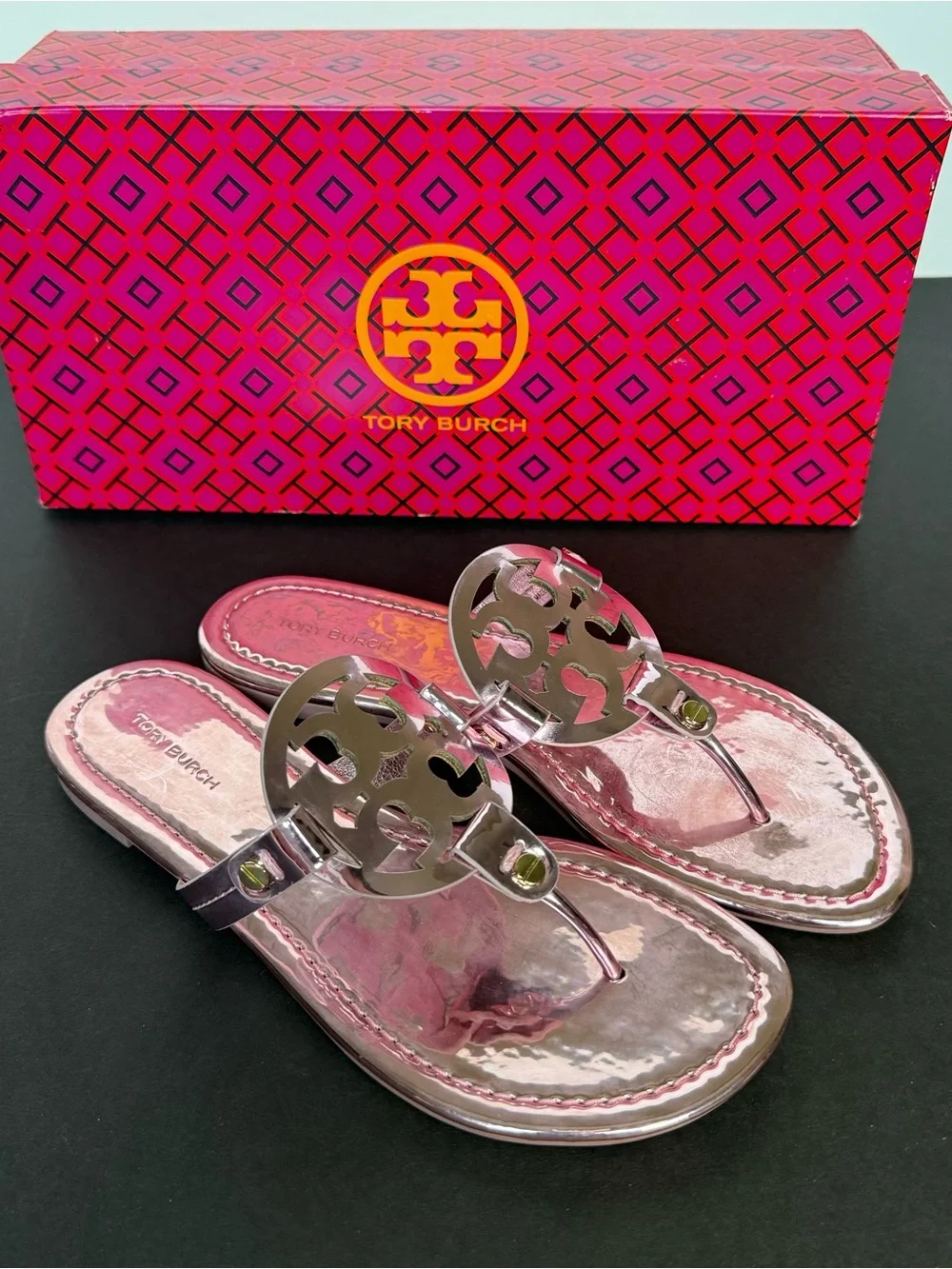 New! Tory Burch Metallic Pink Miller Thong Sandals - size 5.5